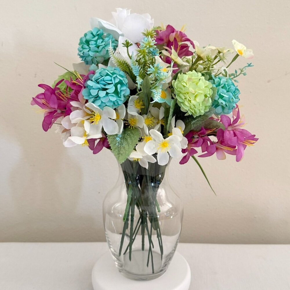 Handcrafted Floral Centerpiece Arrangement Clear Hourglass Vase Upcycled Decor